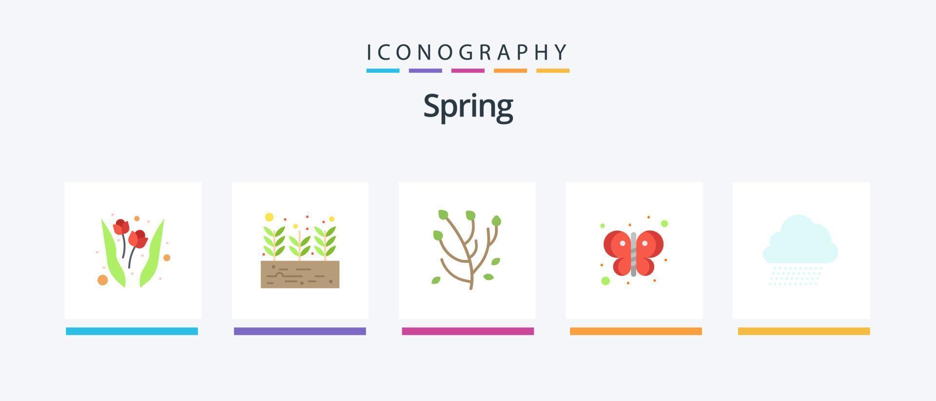 Spring Flat 5 Icon Pack Including nature. sky rain. anemone flower. bug. butterfly. Creative Icons Design vector