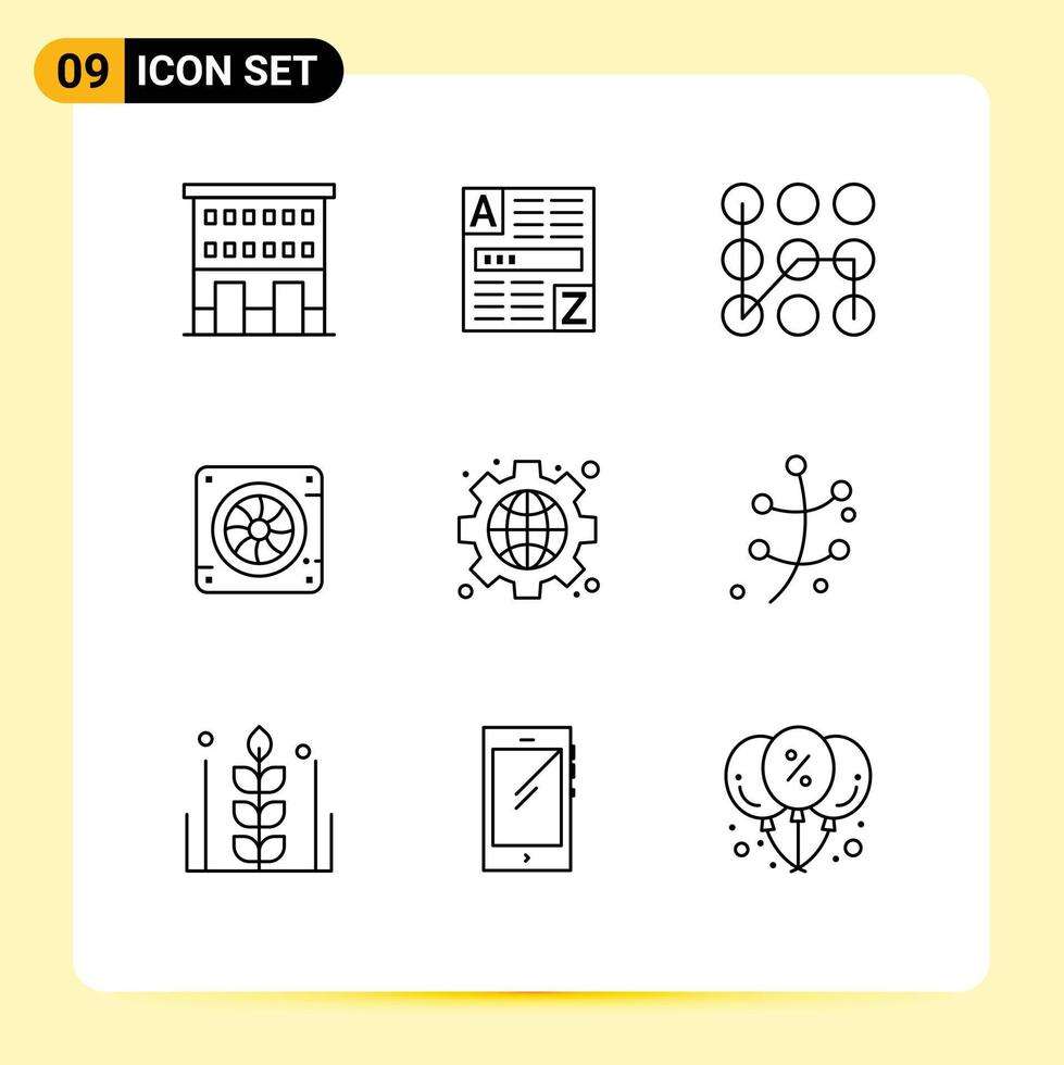 Set of 9 Vector Outlines on Grid for gear fan internet cooler security Editable Vector Design Elements