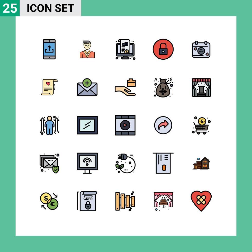 25 User Interface Filled line Flat Color Pack of modern Signs and Symbols of multimedia media student lock chart Editable Vector Design Elements