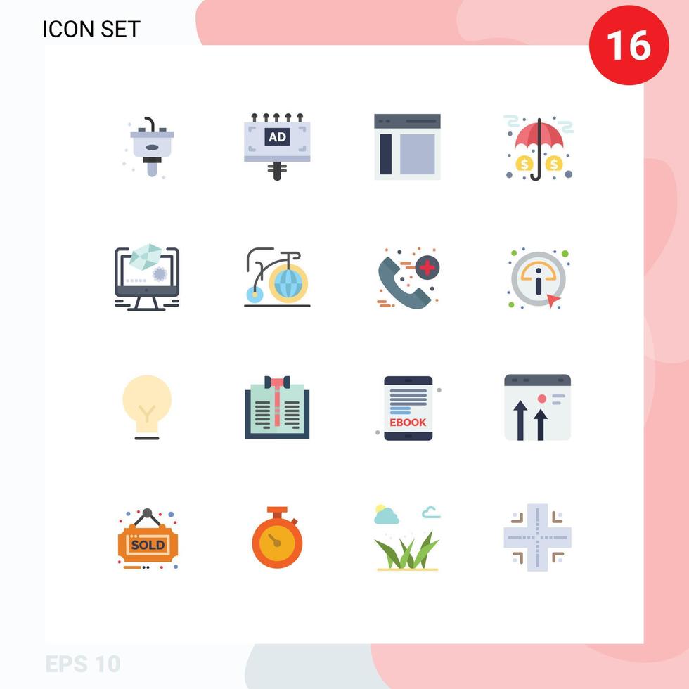 Pack of 16 Modern Flat Colors Signs and Symbols for Web Print Media such as protection investment communication insurance user Editable Pack of Creative Vector Design Elements