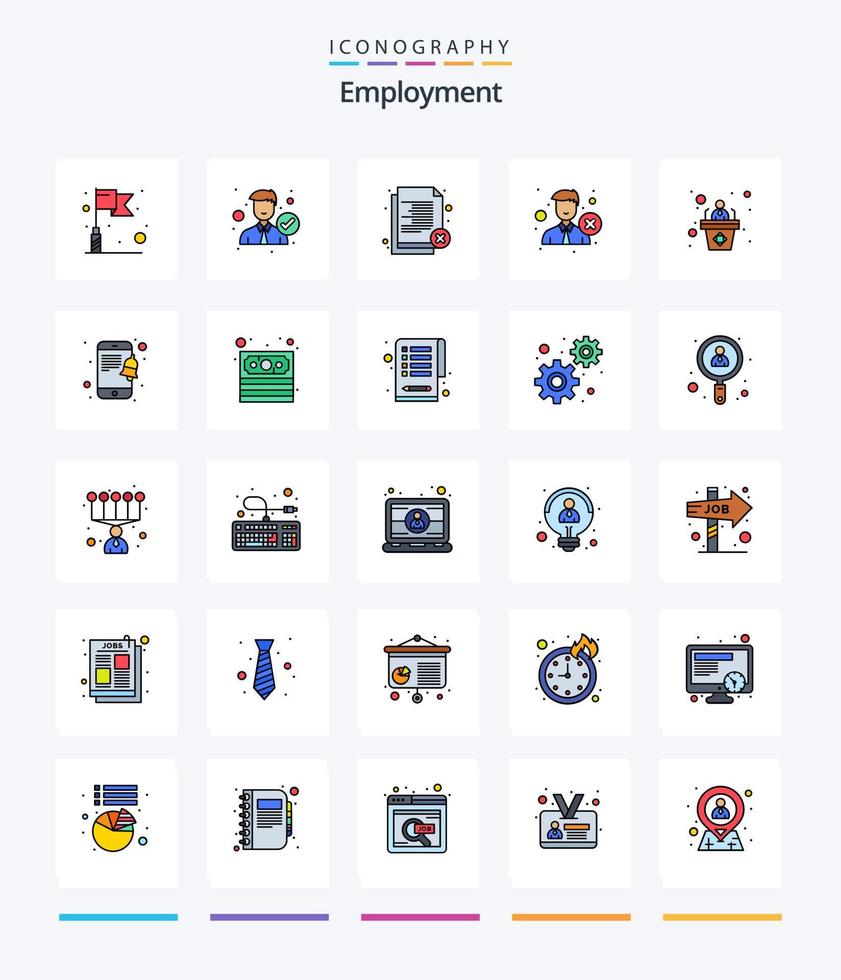 paquete de iconos rellenos de 25 líneas de empleo creativo, como móvil. presentación. Eliminar. empleado. rechazar vector