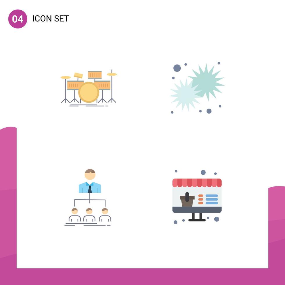 Set of 4 Commercial Flat Icons pack for drum star kit shine teamwork Editable Vector Design Elements