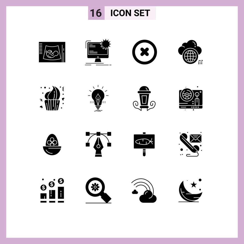 Group of 16 Solid Glyphs Signs and Symbols for data globe site computing play Editable Vector Design Elements