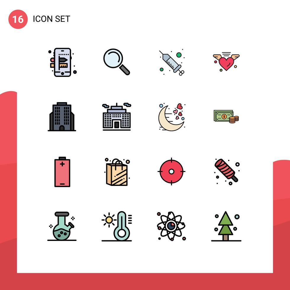 Group of 16 Modern Flat Color Filled Lines Set for date business procedure building heart Editable Creative Vector Design Elements