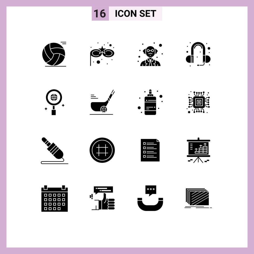 Set of 16 Commercial Solid Glyphs pack for stick world professor research sound Editable Vector Design Elements