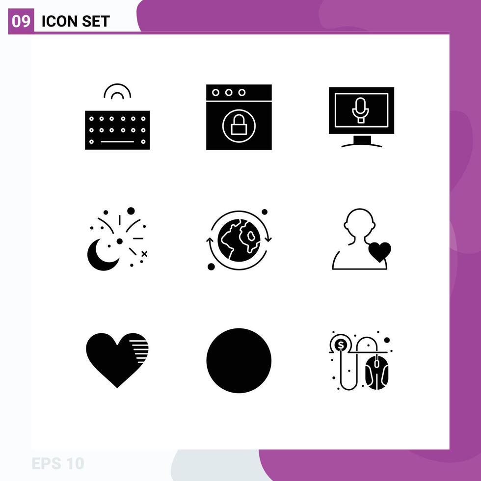 Pictogram Set of 9 Simple Solid Glyphs of world earth screen fireworks celebration Editable Vector Design Elements