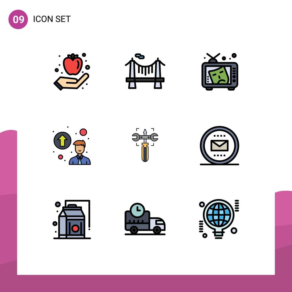 Mobile Interface Filledline Flat Color Set of 9 Pictograms of gear promotion concept tv professional growth paint Editable Vector Design Elements