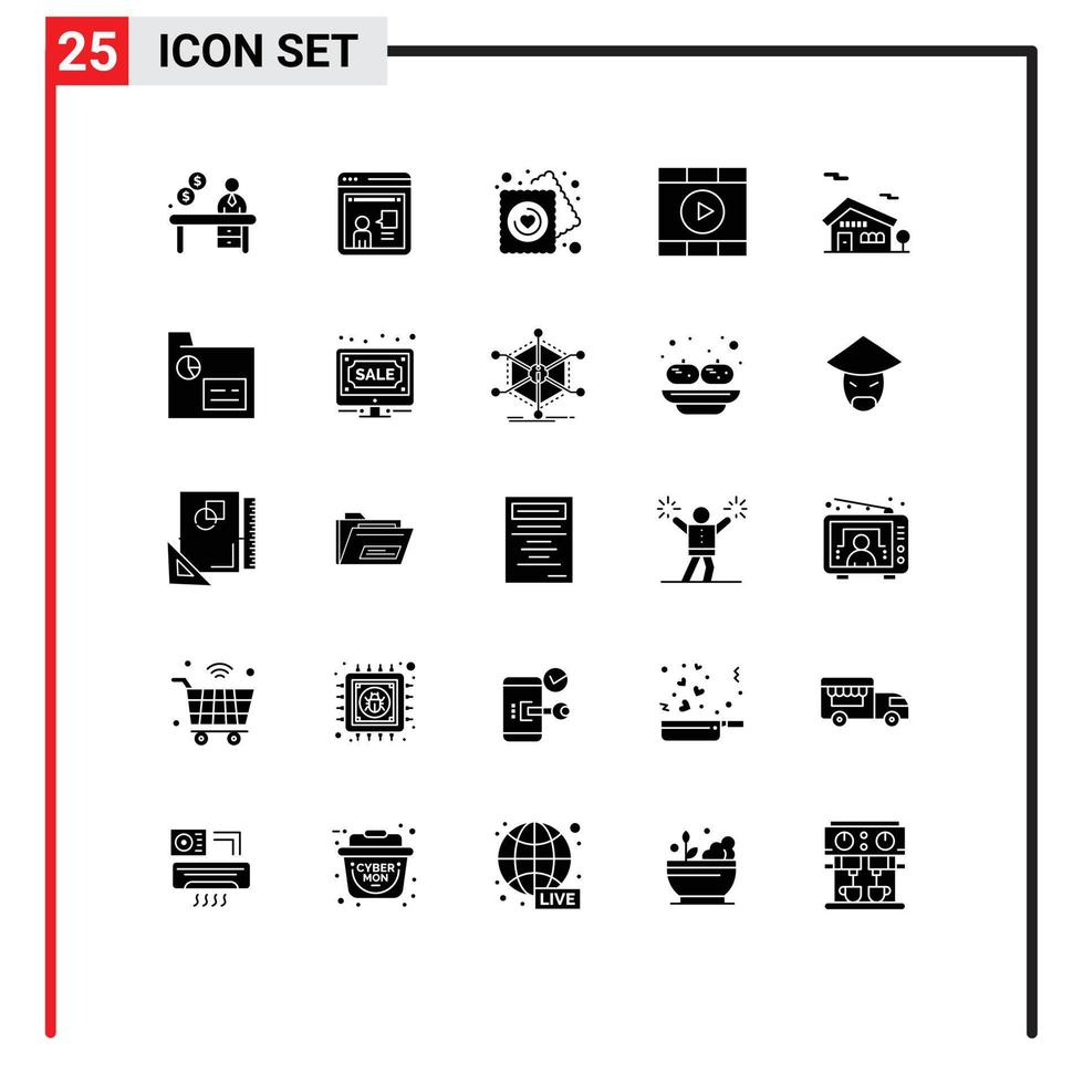 Group of 25 Solid Glyphs Signs and Symbols for home start heart play control Editable Vector Design Elements