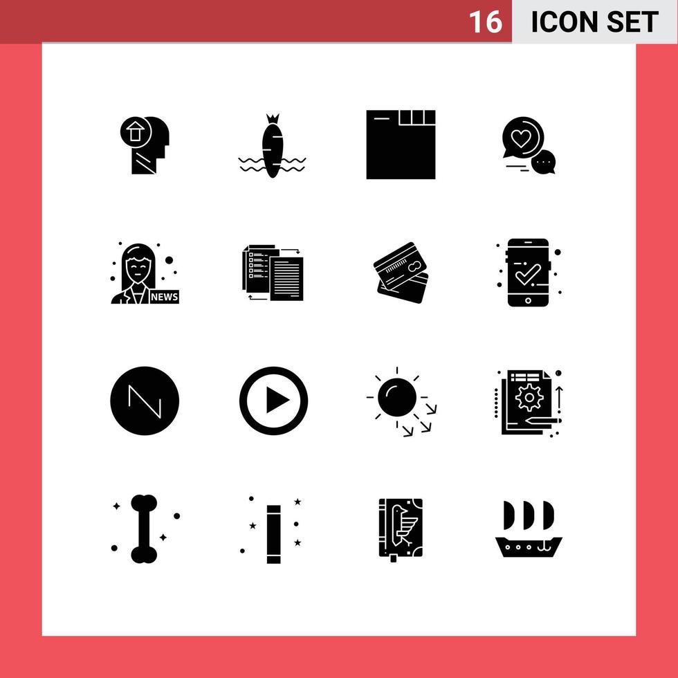 Group of 16 Solid Glyphs Signs and Symbols for couple chat sms vegetable message web Editable Vector Design Elements