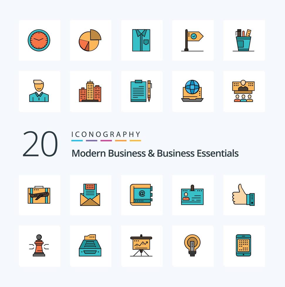 20 Modern Business And Business Essentials Line Filled Color icon Pack like contacts business communication book mail vector