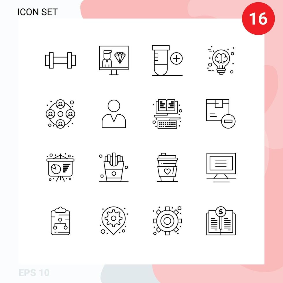 Group of 16 Modern Outlines Set for team brain storming programming idea brain Editable Vector Design Elements