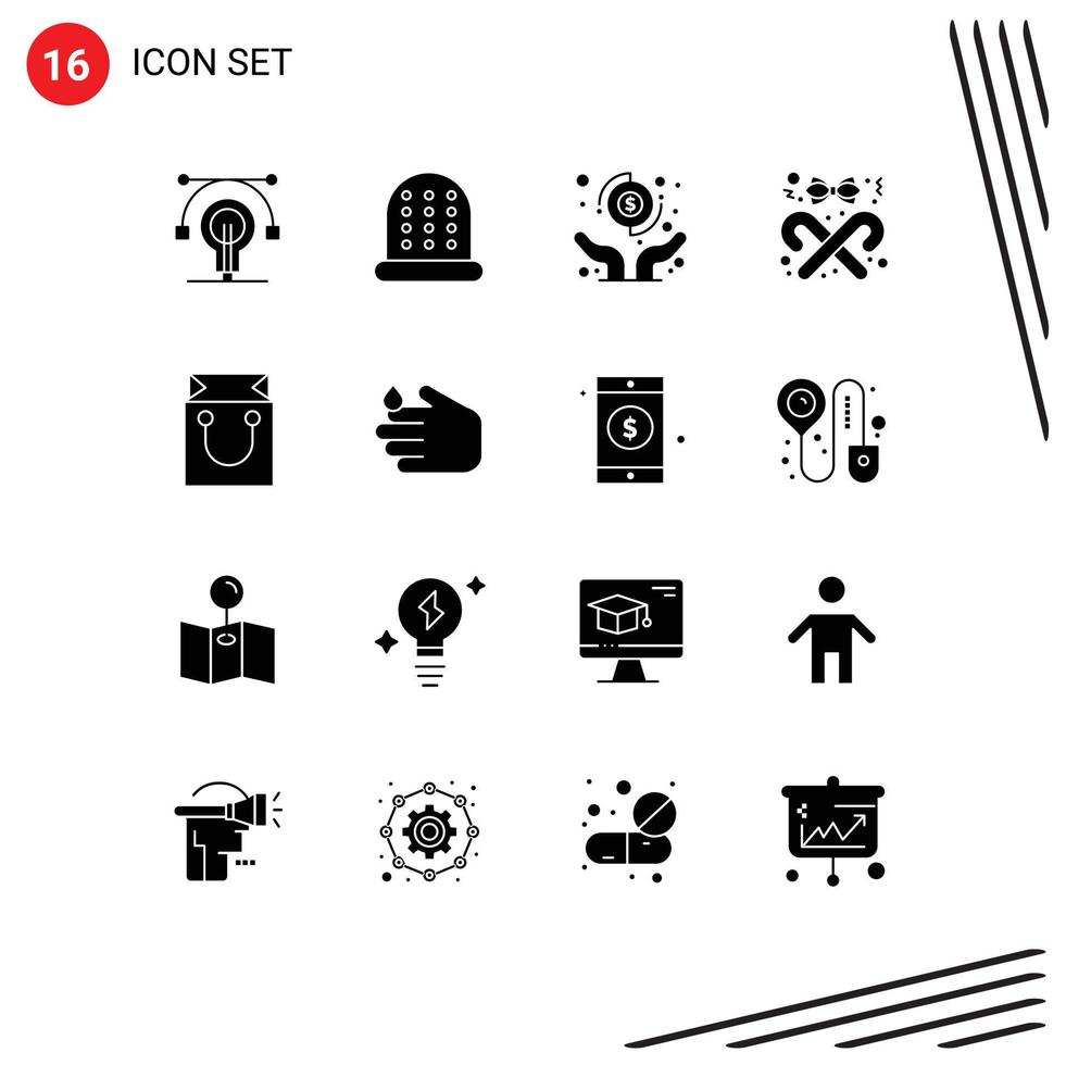 Modern Set of 16 Solid Glyphs Pictograph of retail bag pay stick candy Editable Vector Design Elements