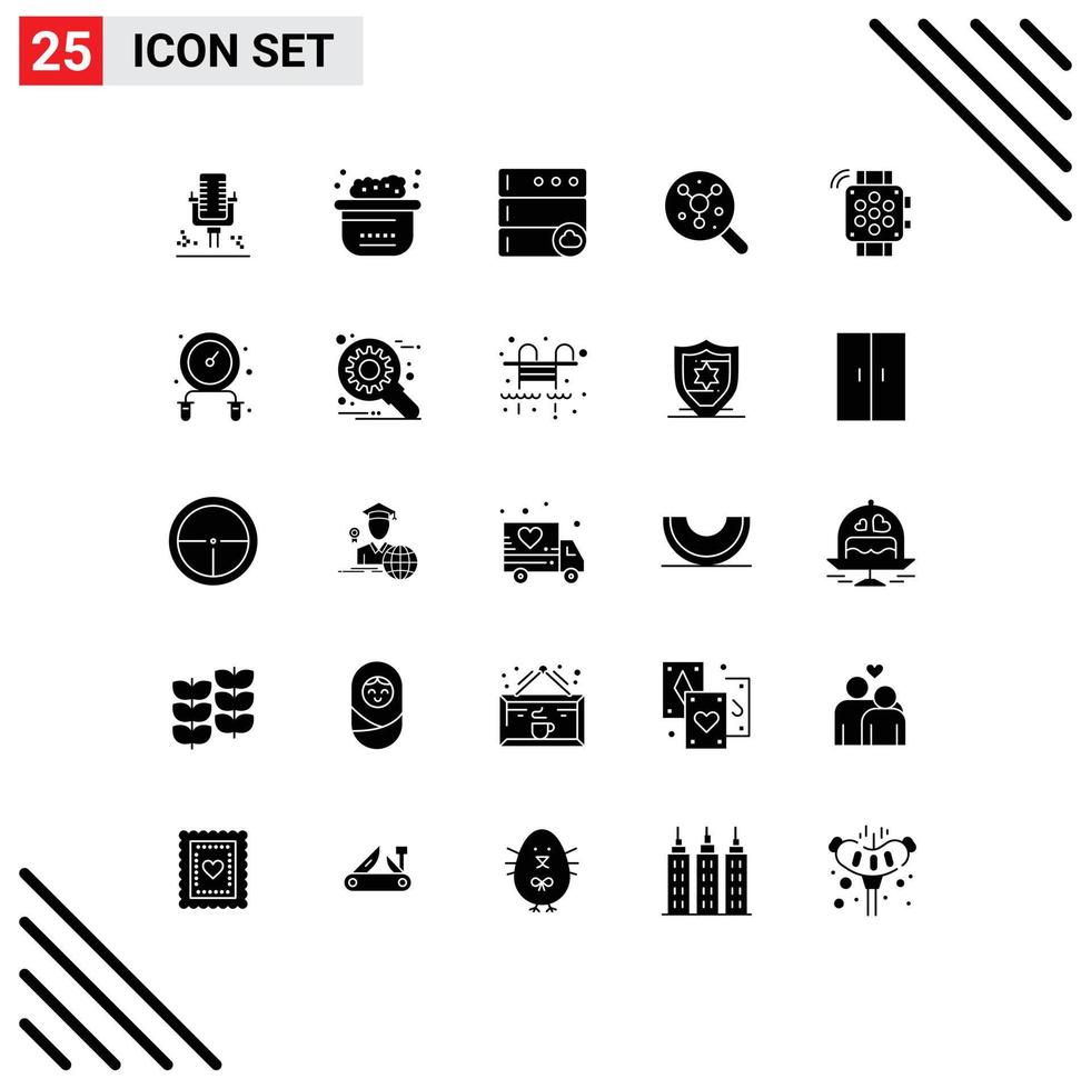 Mobile Interface Solid Glyph Set of 25 Pictograms of timer watch cloud science atom Editable Vector Design Elements