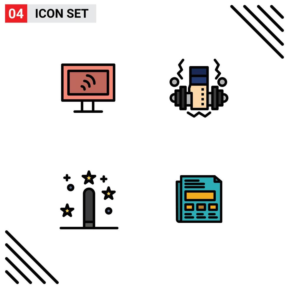 4 símbolos de signos de color plano de línea de llenado universal de elementos de diseño de vector editables de informes de codificación de mancuernas mágicas de computadora