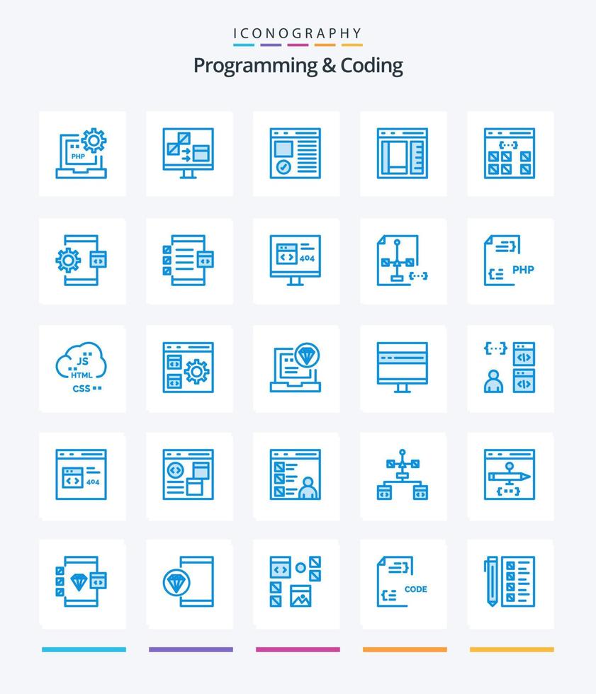 programación creativa y codificación 25 paquete de iconos azules como desarrollo. aplicación desarrollar. página. desarrollar vector