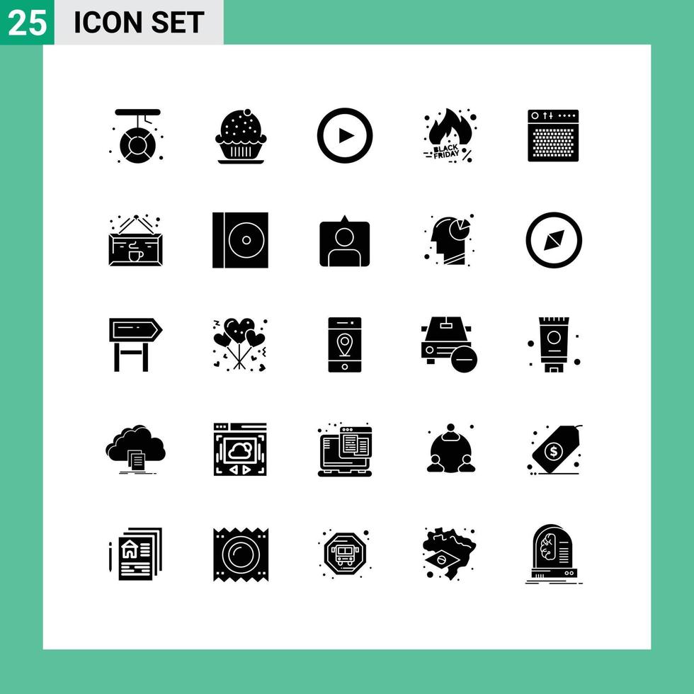 Group of 25 Solid Glyphs Signs and Symbols for amplifier sale party hot friday Editable Vector Design Elements