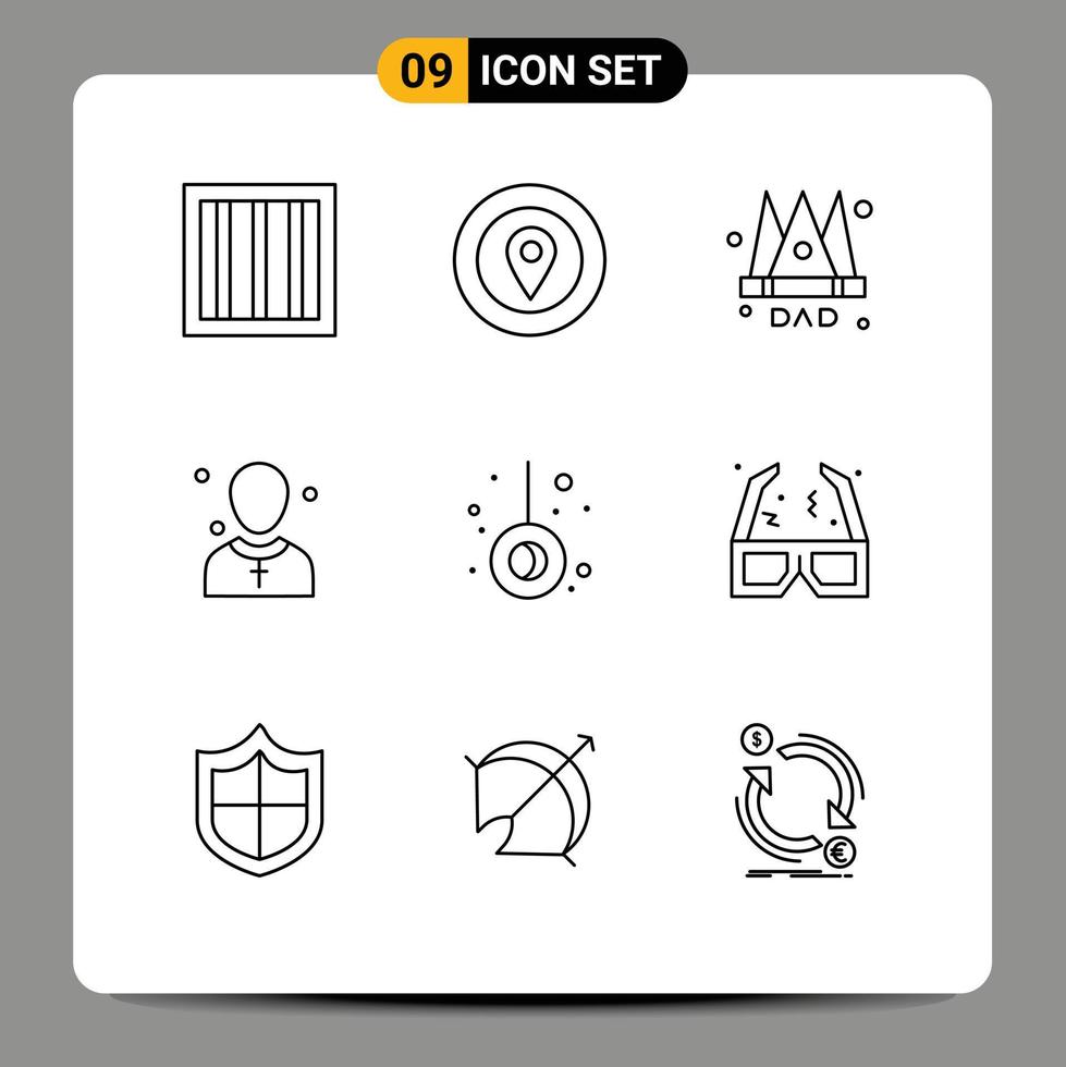 Mobile Interface Outline Set of 9 Pictograms of pendulum preacher emperor man church Editable Vector Design Elements