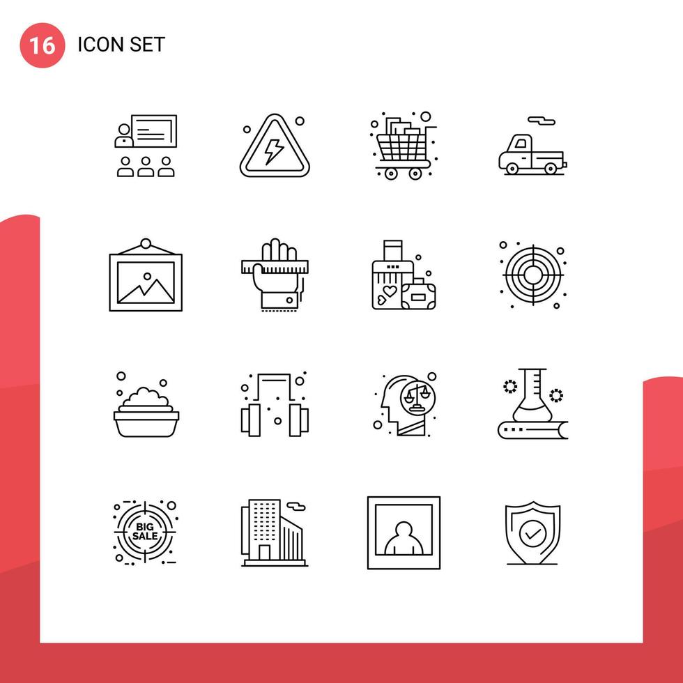 Pack of 16 Modern Outlines Signs and Symbols for Web Print Media such as truck car highly trolley groceries Editable Vector Design Elements