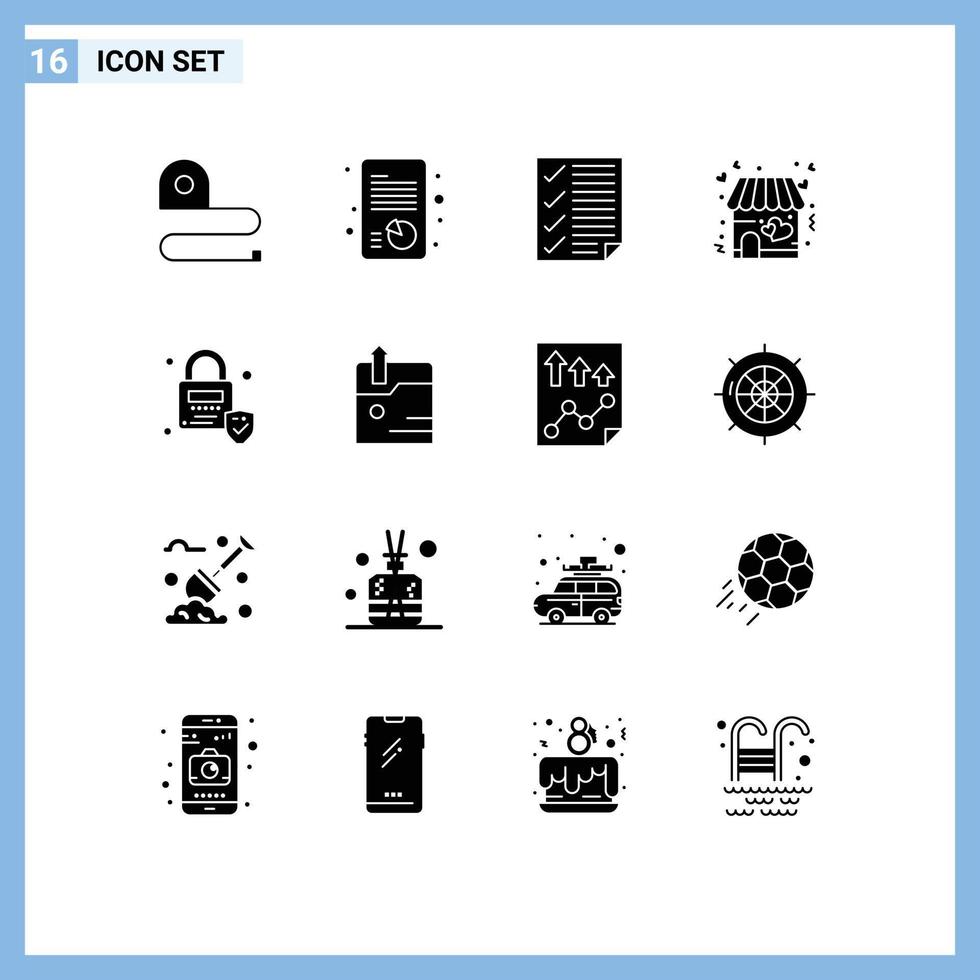 Modern Set of 16 Solid Glyphs Pictograph of lock store check shop report Editable Vector Design Elements