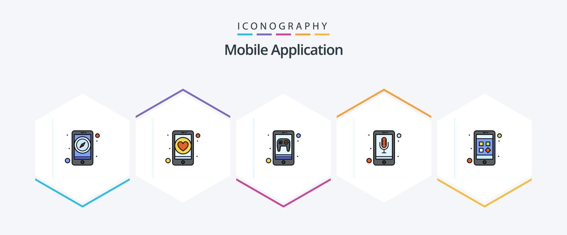 Mobile Application 25 FilledLine icon pack including application. app. phone recorder. audio recognition vector