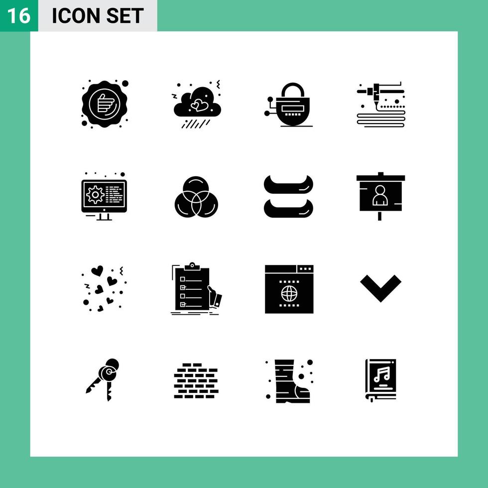 Set of 16 Vector Solid Glyphs on Grid for gear coding heart printing passward Editable Vector Design Elements