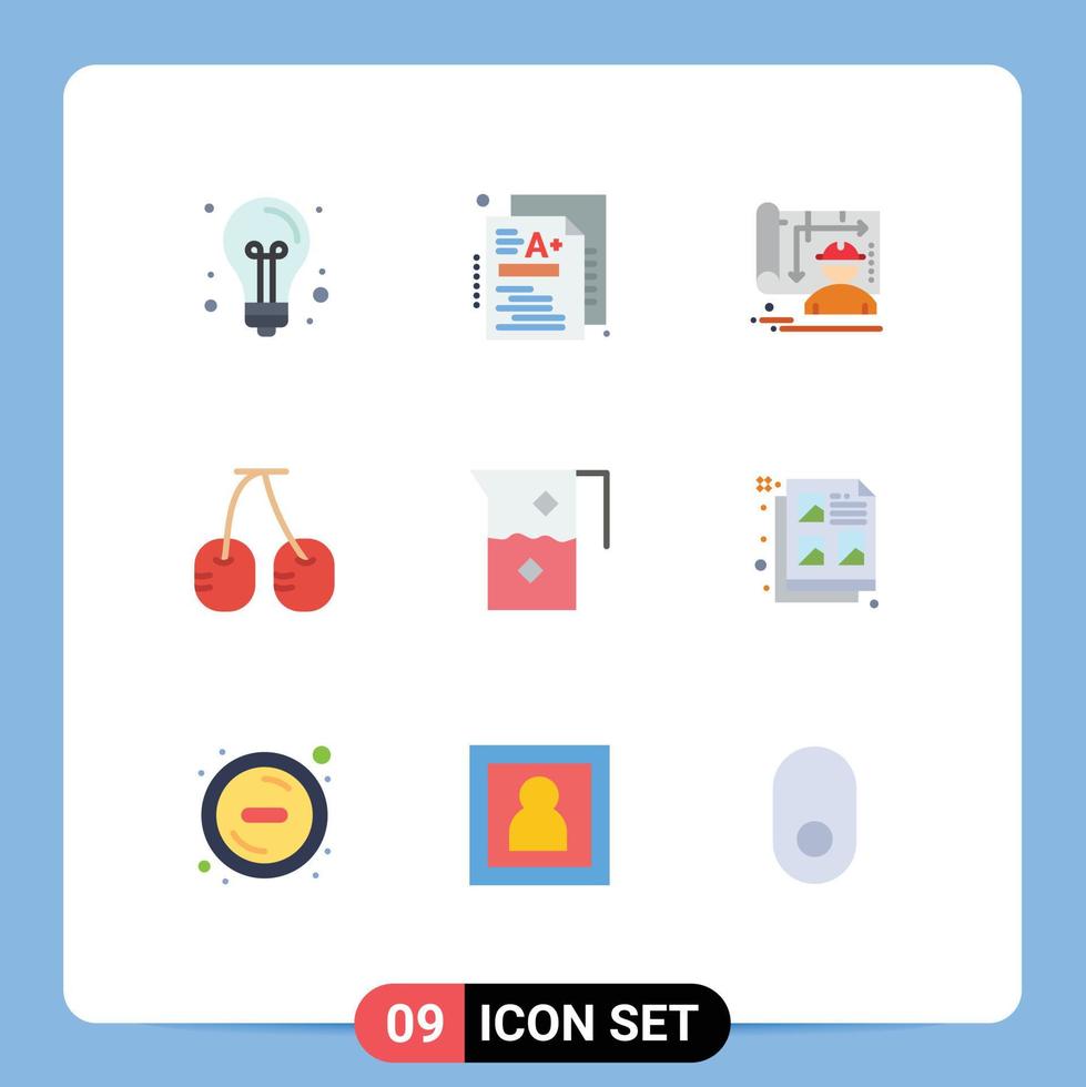 Mobile Interface Flat Color Set of 9 Pictograms of beverage vegetables knowledge fruit engineer Editable Vector Design Elements
