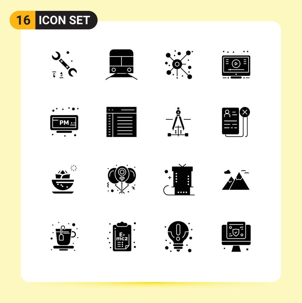 Mobile Interface Solid Glyph Set of 16 Pictograms of pm youtube distribute video learn Editable Vector Design Elements