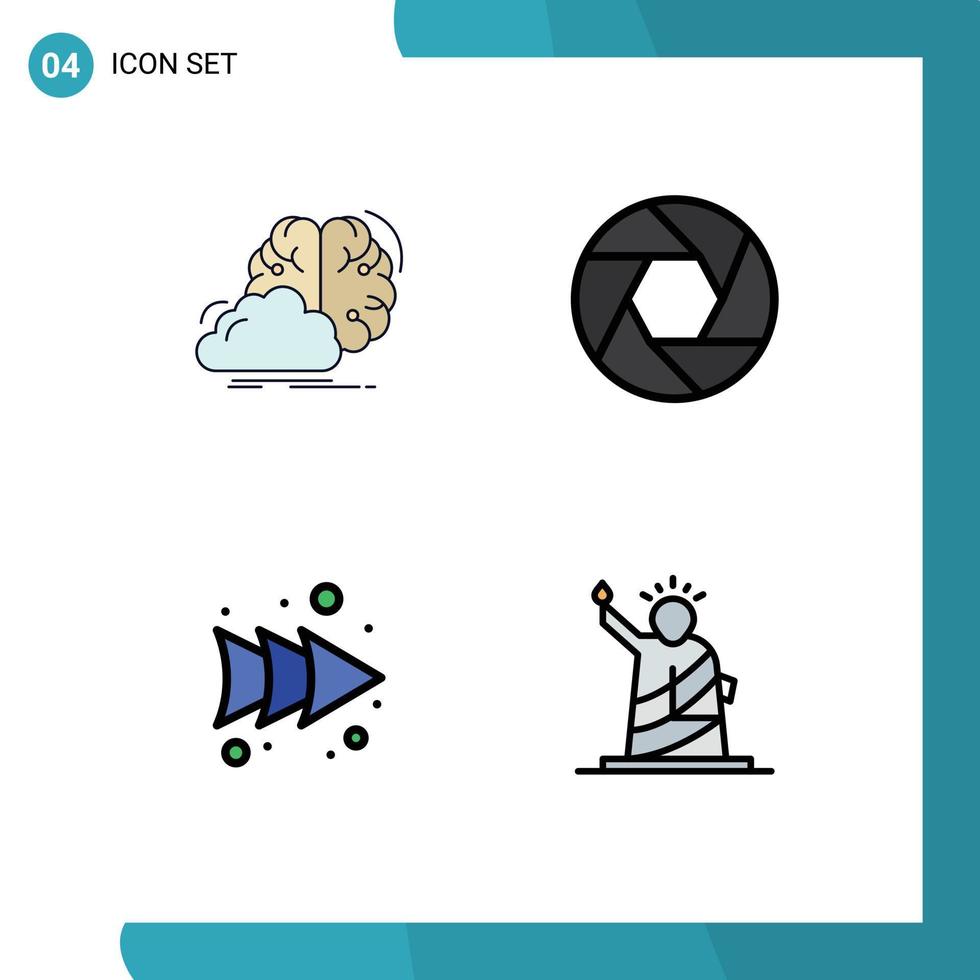 4 User Interface Filledline Flat Color Pack of modern Signs and Symbols of brainstorming arrow innovation camera right Editable Vector Design Elements