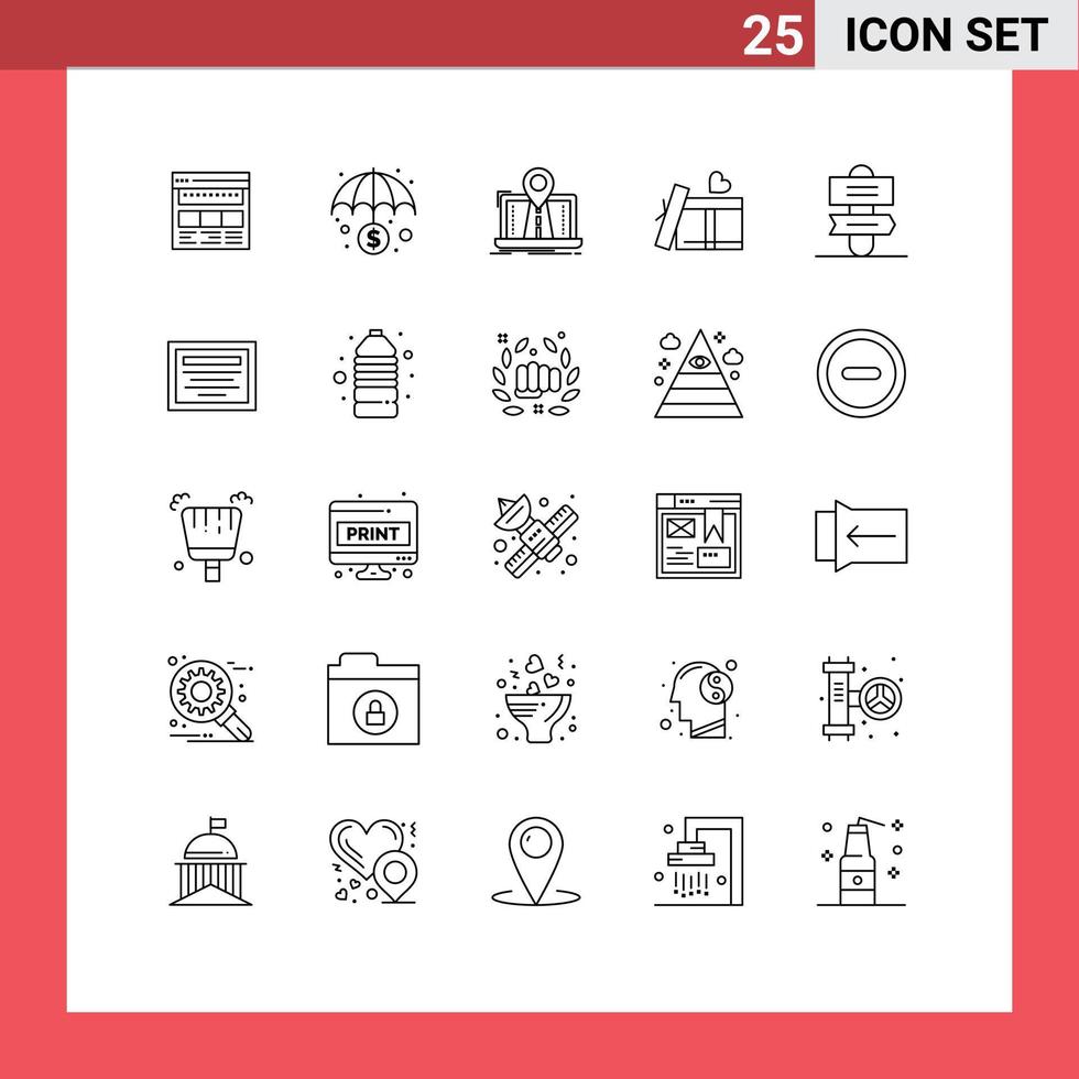 Pack of 25 Modern Lines Signs and Symbols for Web Print Media such as heart route economy gps map Editable Vector Design Elements