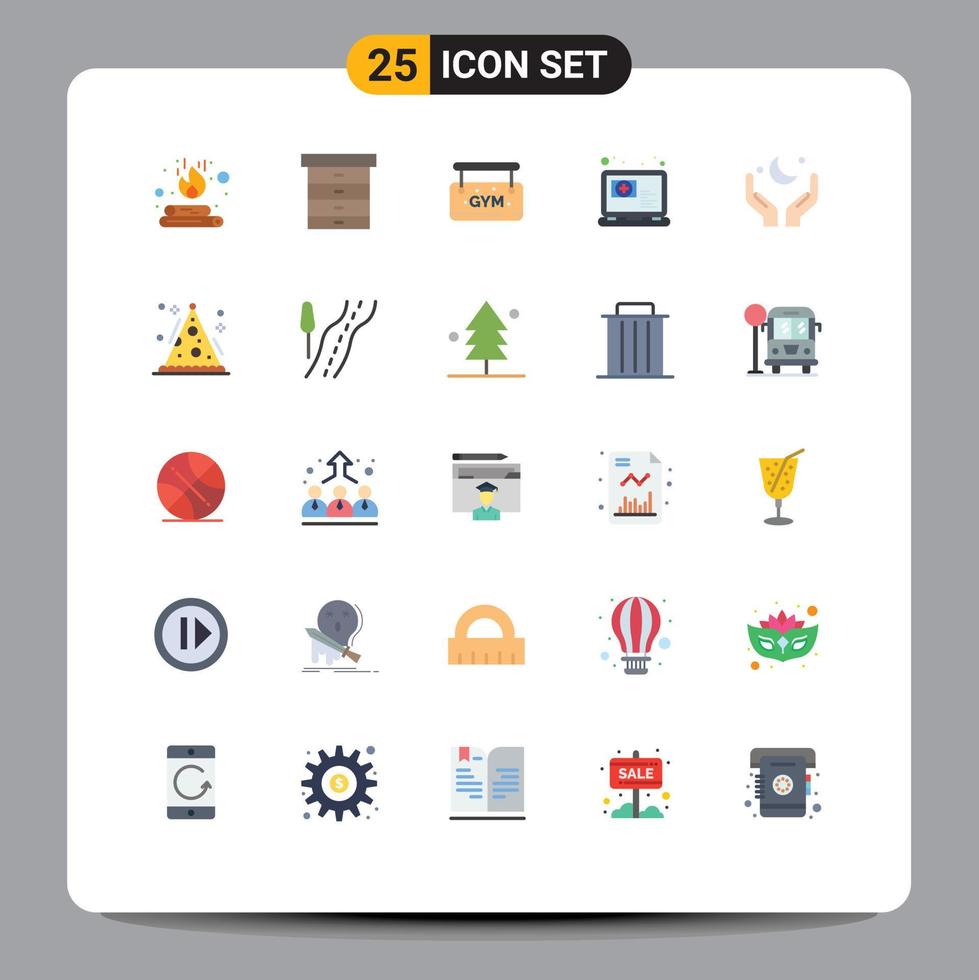 User Interface Pack of 25 Basic Flat Colors of cresent hand board pray question Editable Vector Design Elements