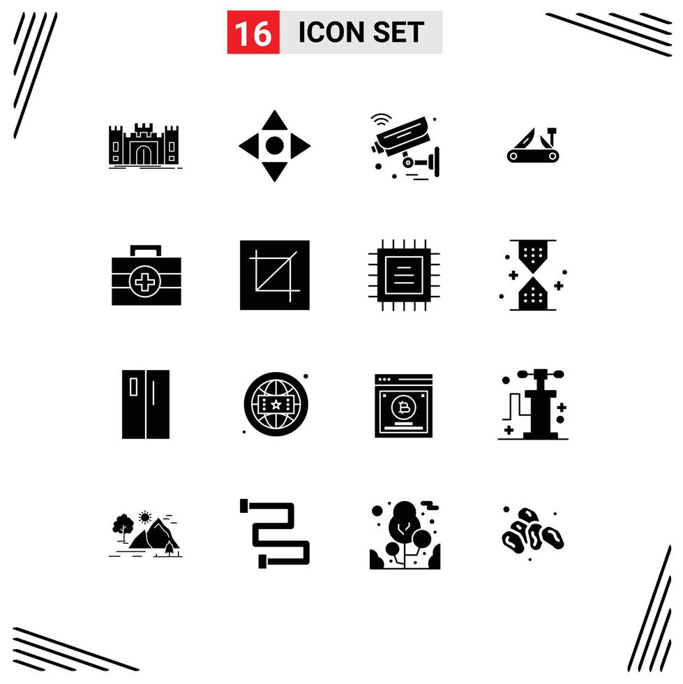 Solid Glyph Pack of 16 Universal Symbols of swiss multitool camera knife wifi Editable Vector Design Elements