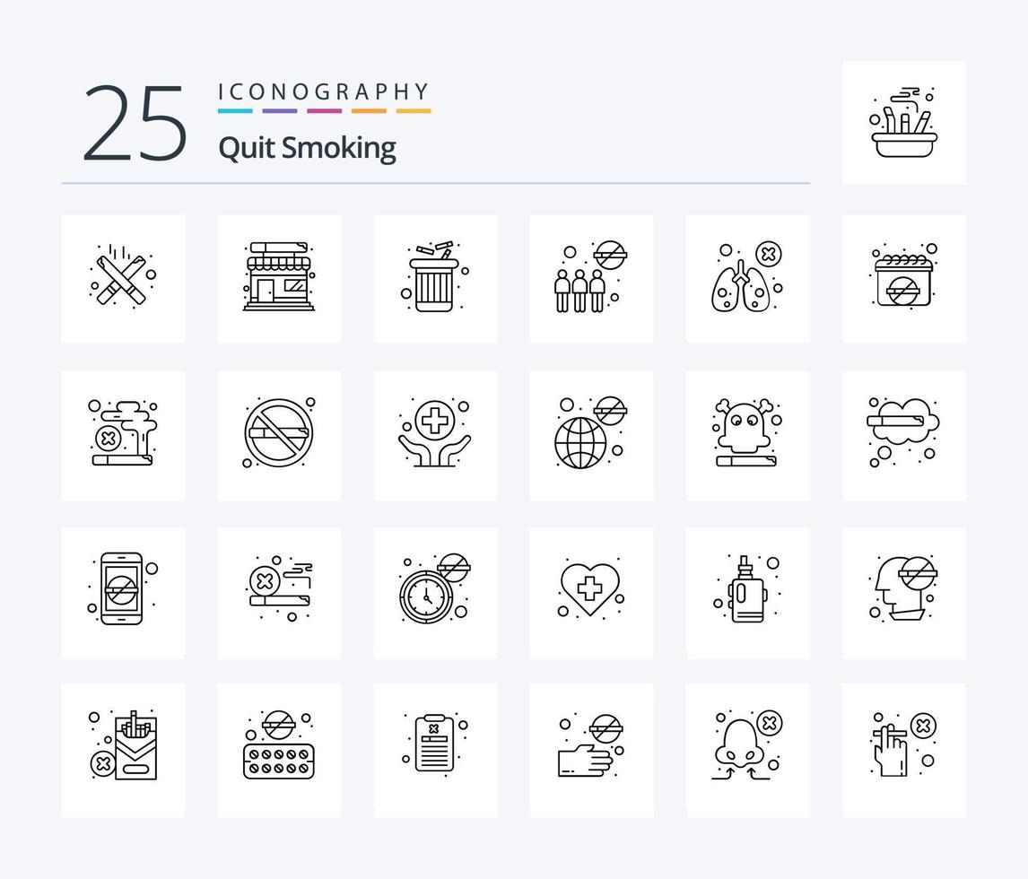 Quit Smoking 25 Line icon pack including health. not allowed. smoke. cigarette. banned vector