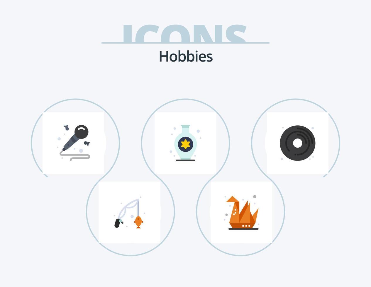 hobbies flat icon pack 5 diseño de iconos. aficiones. discos compactos. micrófono pasatiempo. florero vector