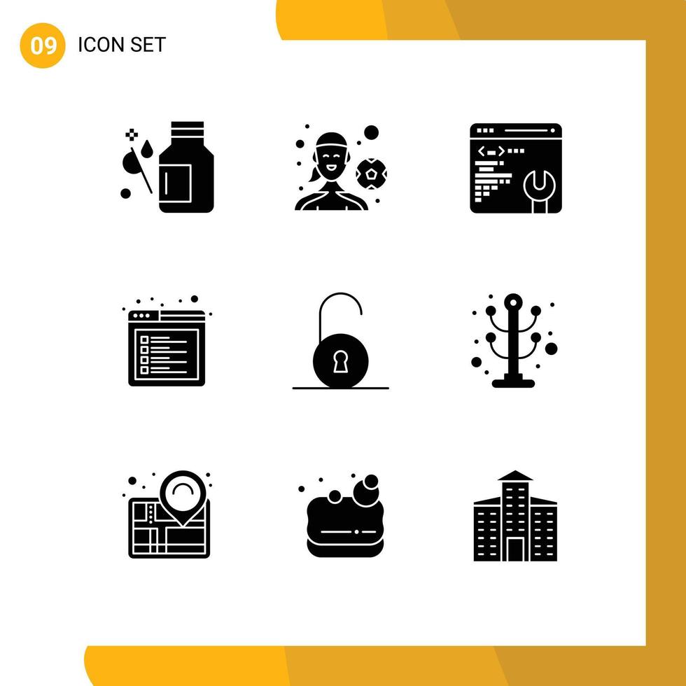 Modern Set of 9 Solid Glyphs Pictograph of circular web playing football tab browser Editable Vector Design Elements