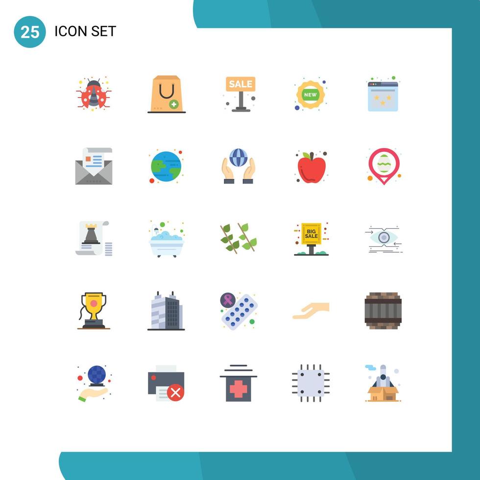 25 User Interface Flat Color Pack of modern Signs and Symbols of ranking new package badge sign Editable Vector Design Elements