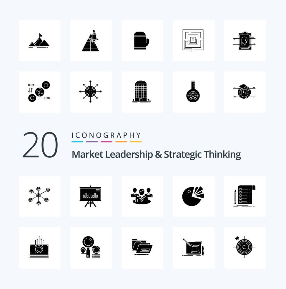 20 Market Leadership And Strategic Thinking Solid Glyph icon Pack like file presentation chart conversation vector