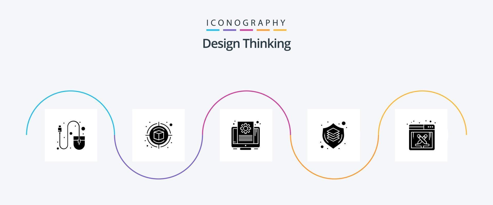 Design Thinking Glyph 5 Icon Pack Including design. shield. document. graphic. brain vector