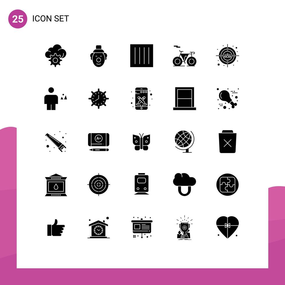 Pack of 25 Modern Solid Glyphs Signs and Symbols for Web Print Media such as head shot target drip dry auditory outline Editable Vector Design Elements