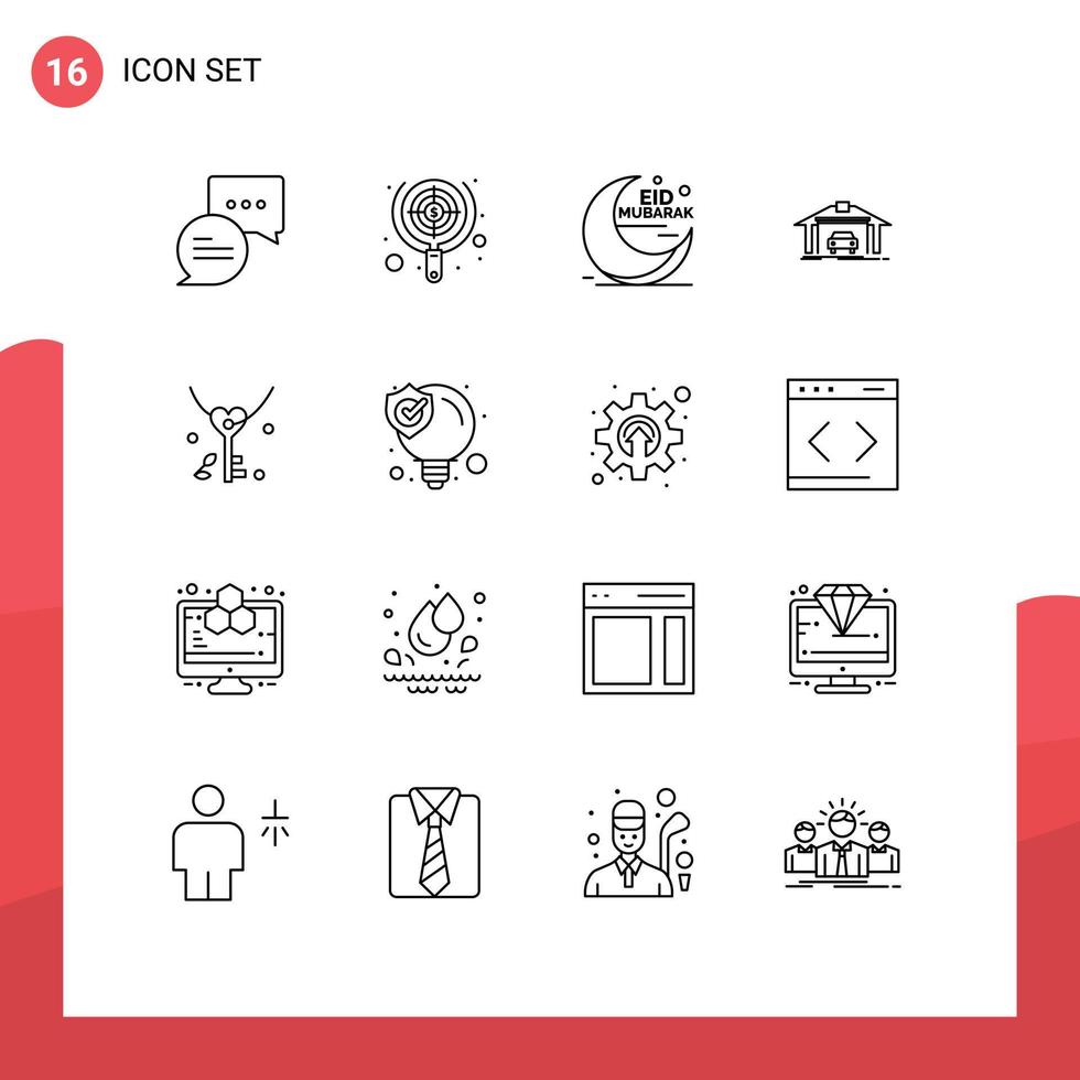 Universal Icon Symbols Group of 16 Modern Outlines of key car eid building muslim Editable Vector Design Elements