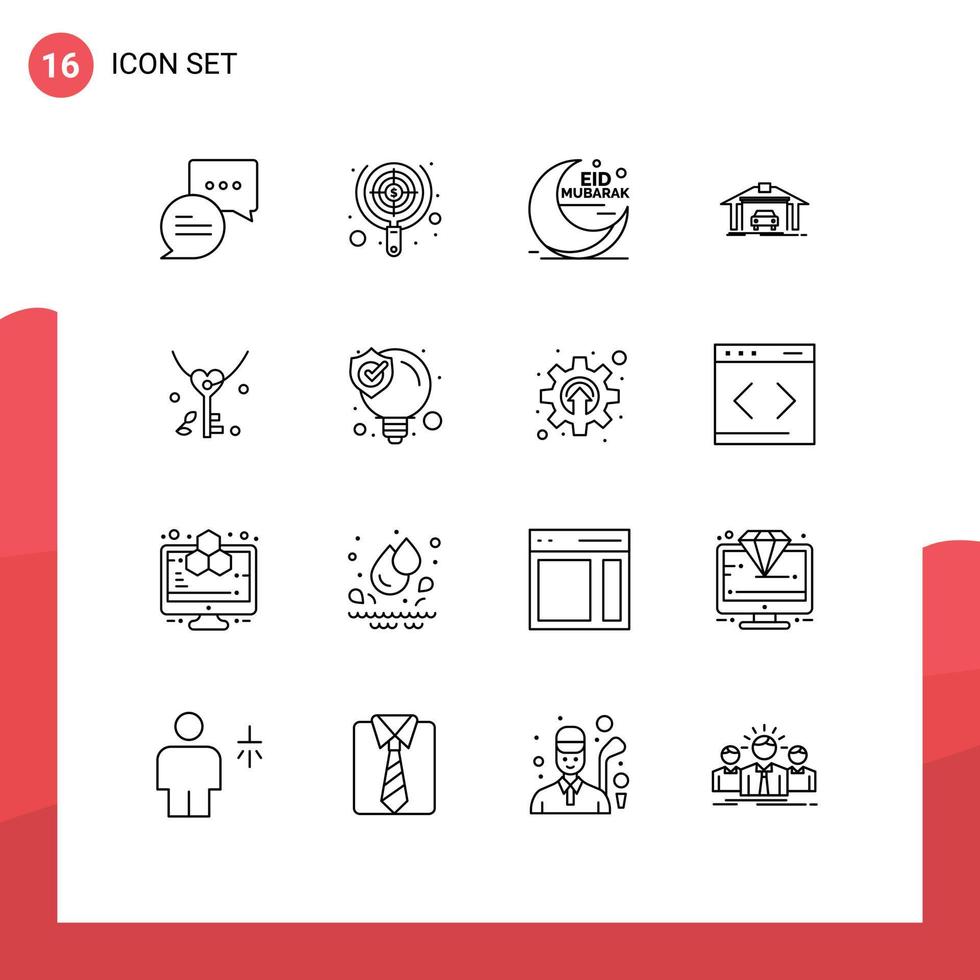 grupo de símbolos de iconos universales de 16 contornos modernos de elementos de diseño de vectores editables musulmanes de construcción de eid de coche clave