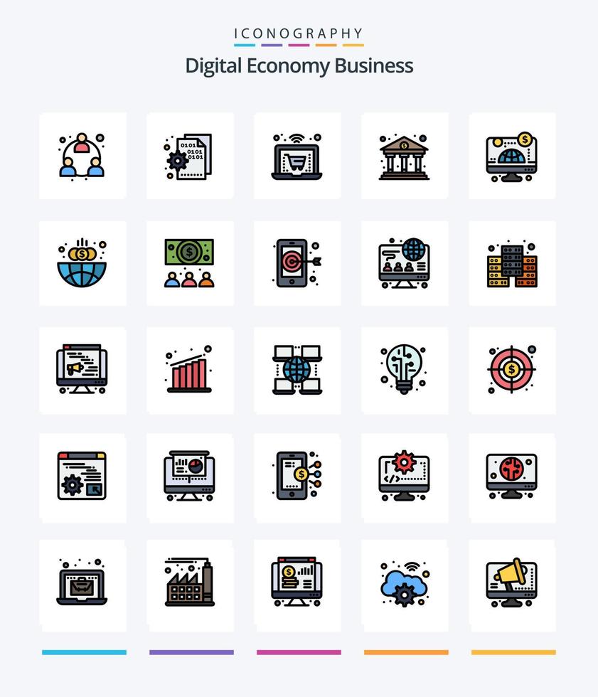 paquete de iconos rellenos de 25 líneas de negocios de economía digital creativa, como en línea. Finanzas. entorno. economía. banco vector