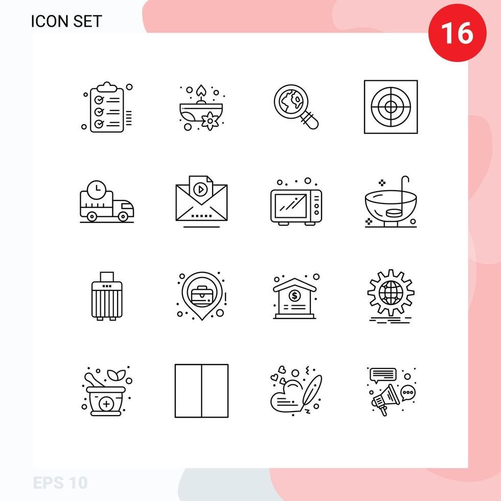 Pack of 16 Modern Outlines Signs and Symbols for Web Print Media such as rush delivery flower fan bathroom Editable Vector Design Elements