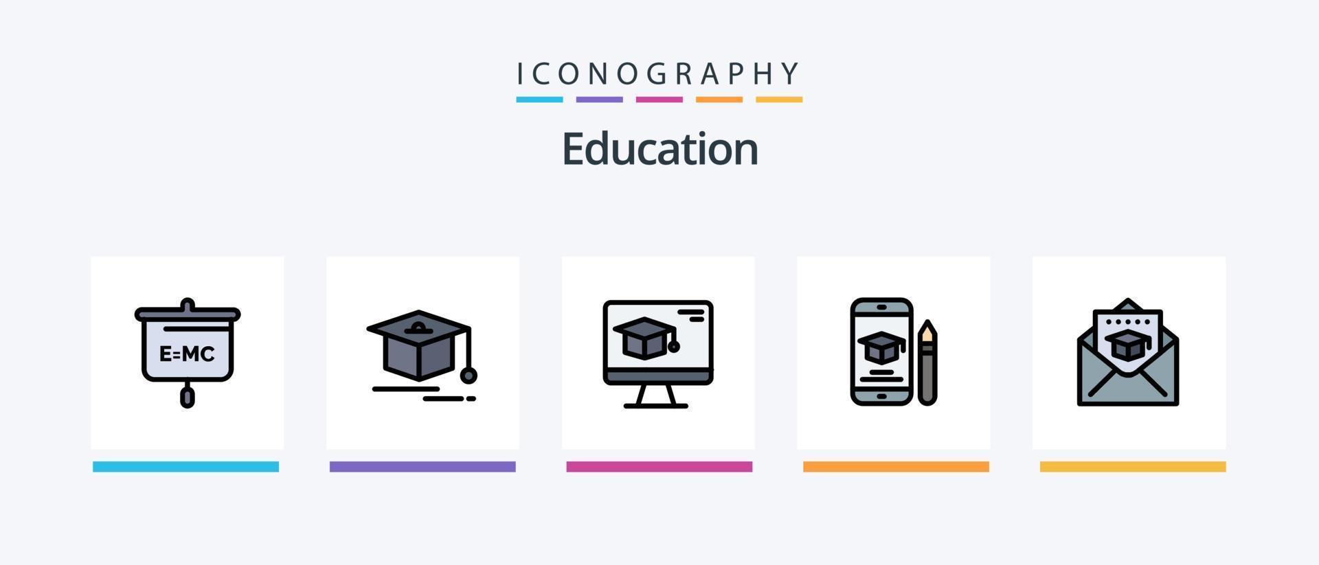 la línea de educación llenó el paquete de 5 iconos, incluida la graduación. gorra. expediente. correo. educación. diseño de iconos creativos vector