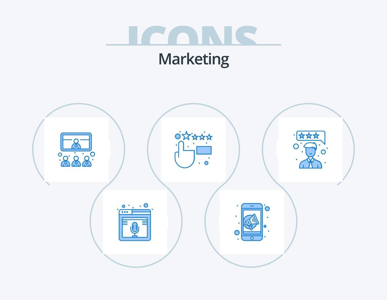 diseño de iconos del paquete de iconos azules de marketing 5. la satisfacción del cliente. comentario. altavoz. la satisfacción del cliente. presentación vector