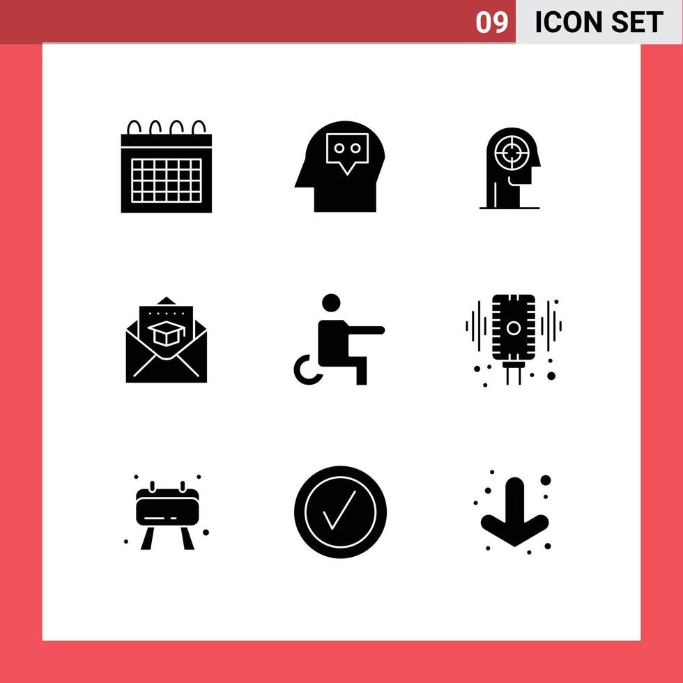 Universal Icon Symbols Group of 9 Modern Solid Glyphs of handicapped mail concentration graduation cap Editable Vector Design Elements