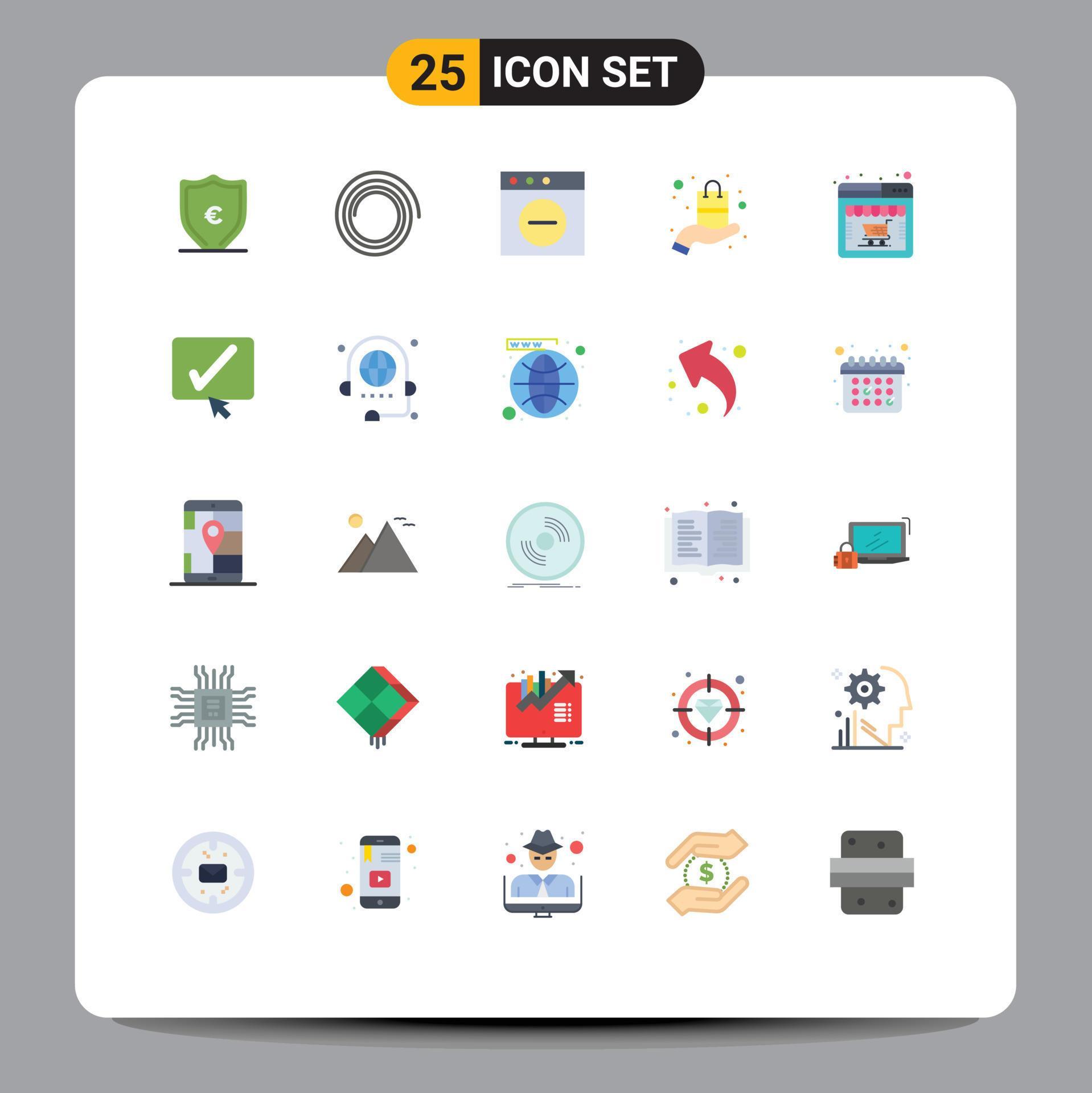 Pictogram Set of 25 Simple Flat Colors of approve web mac shop sell