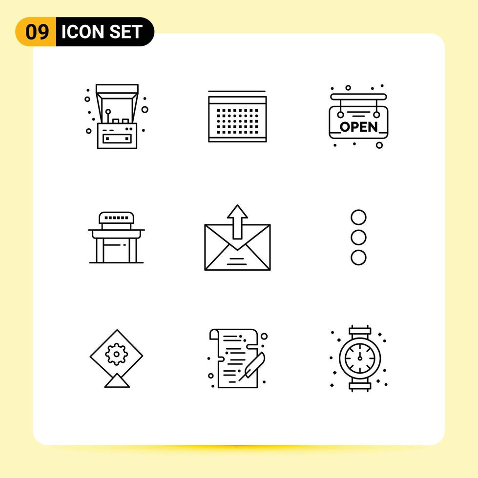 conjunto de pictogramas de 9 contornos simples de elementos de diseño de vectores editables para estudiantes de la escuela de correo electrónico