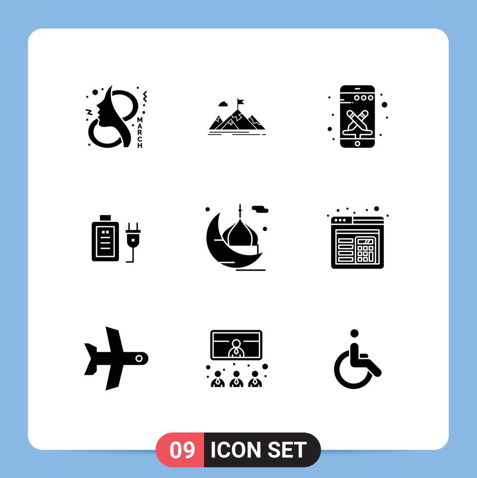 9 User Interface Solid Glyph Pack of modern Signs and Symbols of charge tools goal smart phone design Editable Vector Design Elements