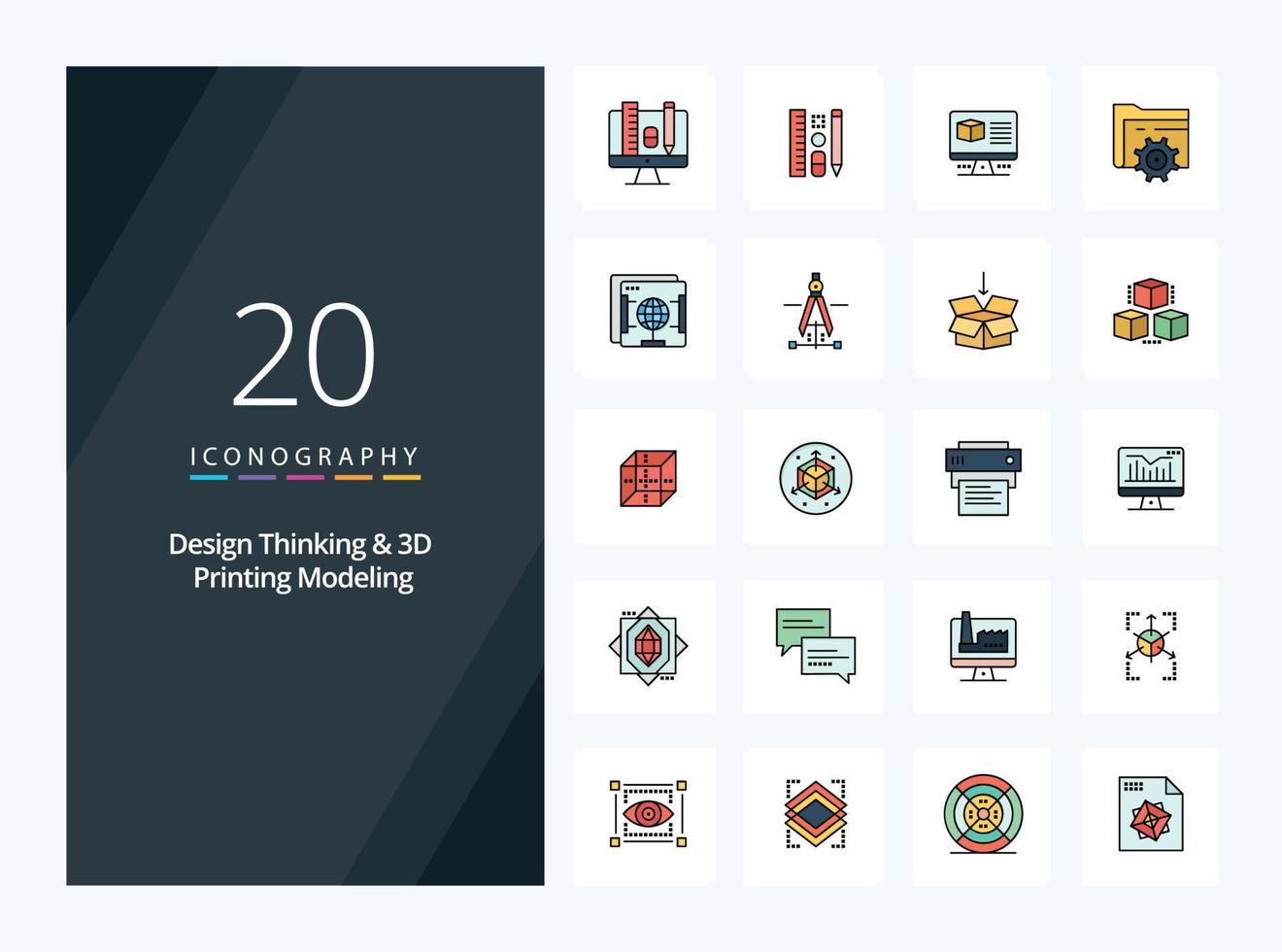 20 Design Thinking And D Printing Modeling line Filled icon for presentation vector