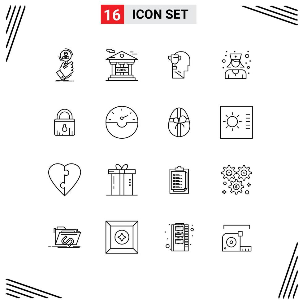 Set of 16 Vector Outlines on Grid for security physician gdpr nurse head Editable Vector Design Elements